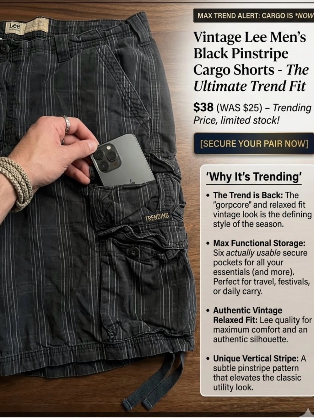 Vintage Lee men’s striped cargo shorts- baggy gorpcore Y2K skater sz 40